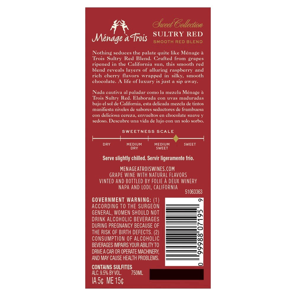 slide 6 of 14, Menage a Trois Sultry California Red Wine, 750 ml Glass Bottle, 9.5% ABV, 750 ml