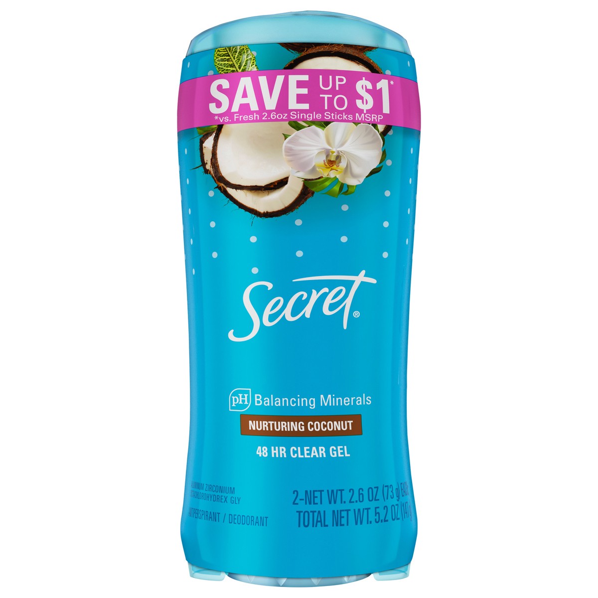 slide 8 of 8, Secret Fresh Clear Gel Antiperspirant and Deodorant for Women, Coconut Scent, 2.6 oz each, Pack of 2, 2 ct