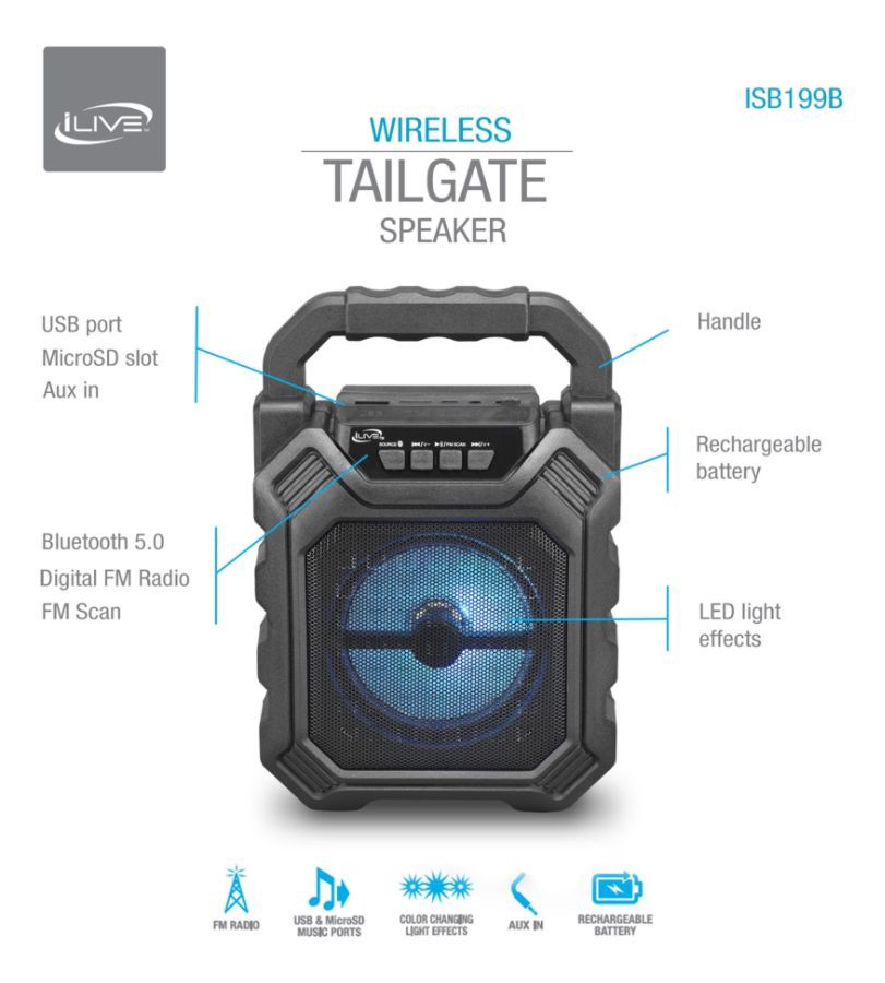 slide 6 of 6, iLive Isb199B Tailgate Bluetooth Speaker - Black, 1 ct