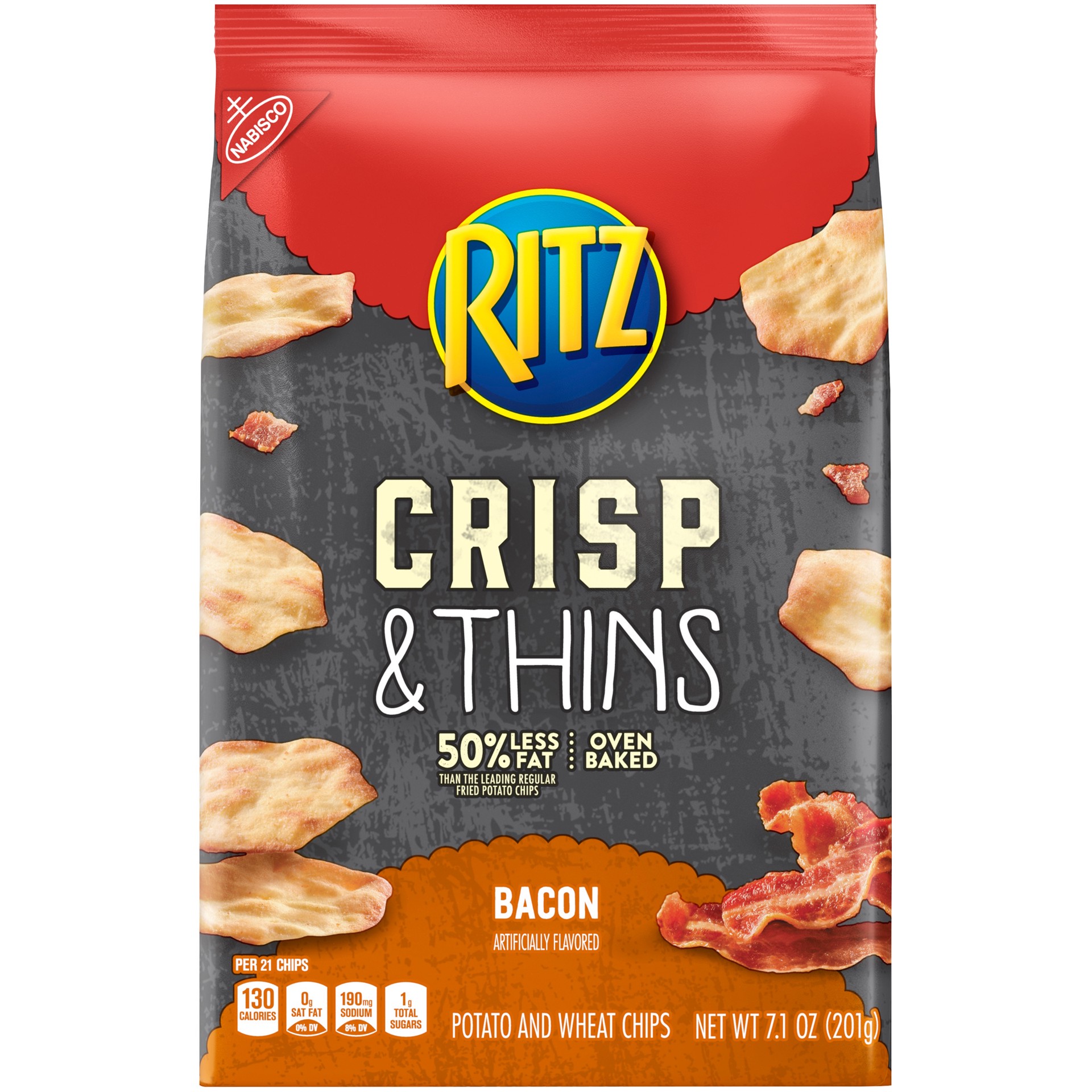slide 1 of 5, RITZ Crisp & Thins Chips, Bacon Flavor, 1 Bag (7.1 oz.), 0.47 lb