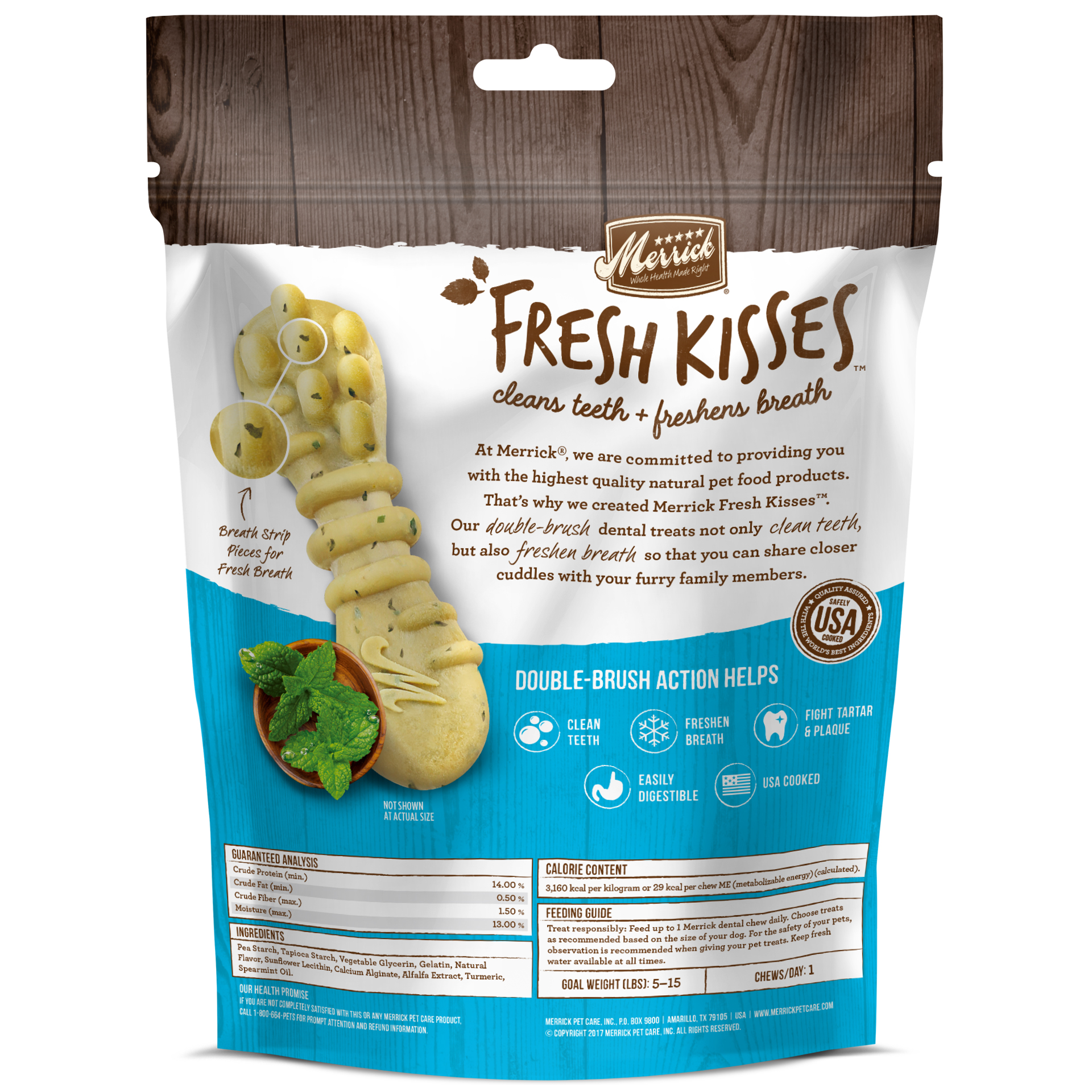 slide 2 of 5, Merrick Fresh Kisses Natural Dental Chews Toothbrush Treat Shape Infused With Real Mint For Tiny Dogs 5-15 Lbs, 6 oz