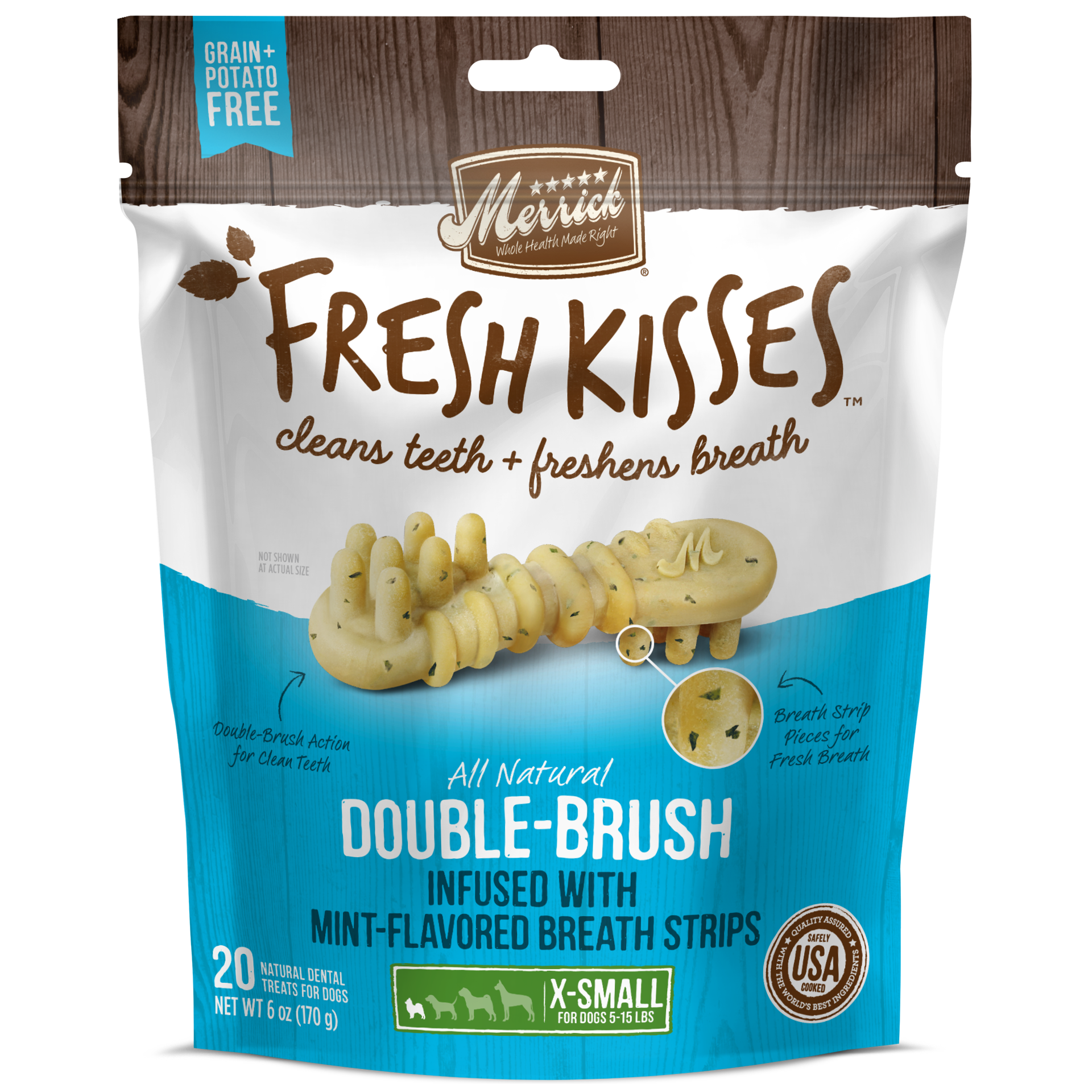 slide 1 of 5, Merrick Fresh Kisses Double-Brush Dental Dog Treats With Mint Breath Strips For Toy Breeds - 6 oz Bag with 20 Brushes, 6 oz