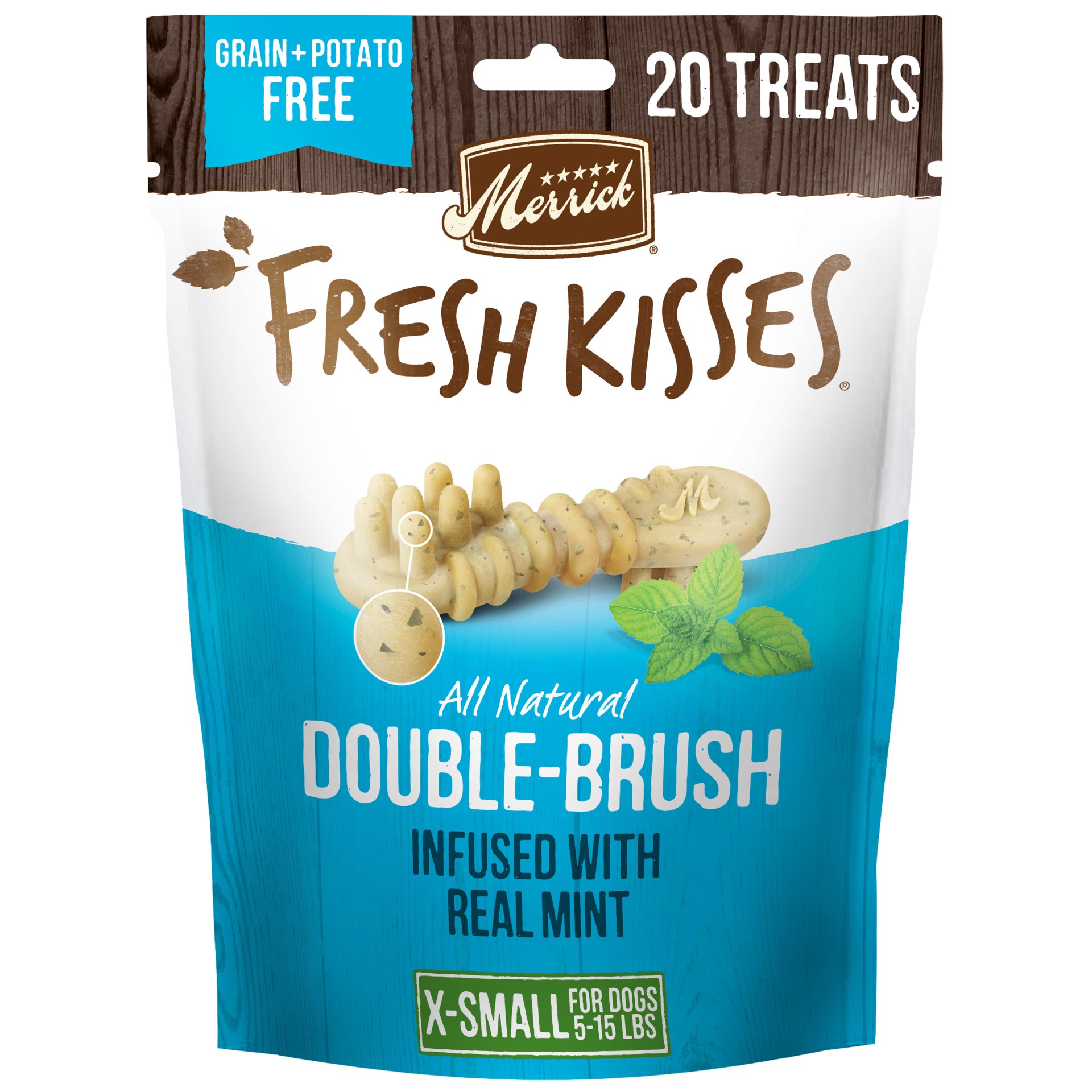 slide 1 of 5, Merrick Fresh Kisses Natural Dental Chews Toothbrush Treat Shape Infused With Real Mint For Tiny Dogs 5-15 Lbs, 6 oz