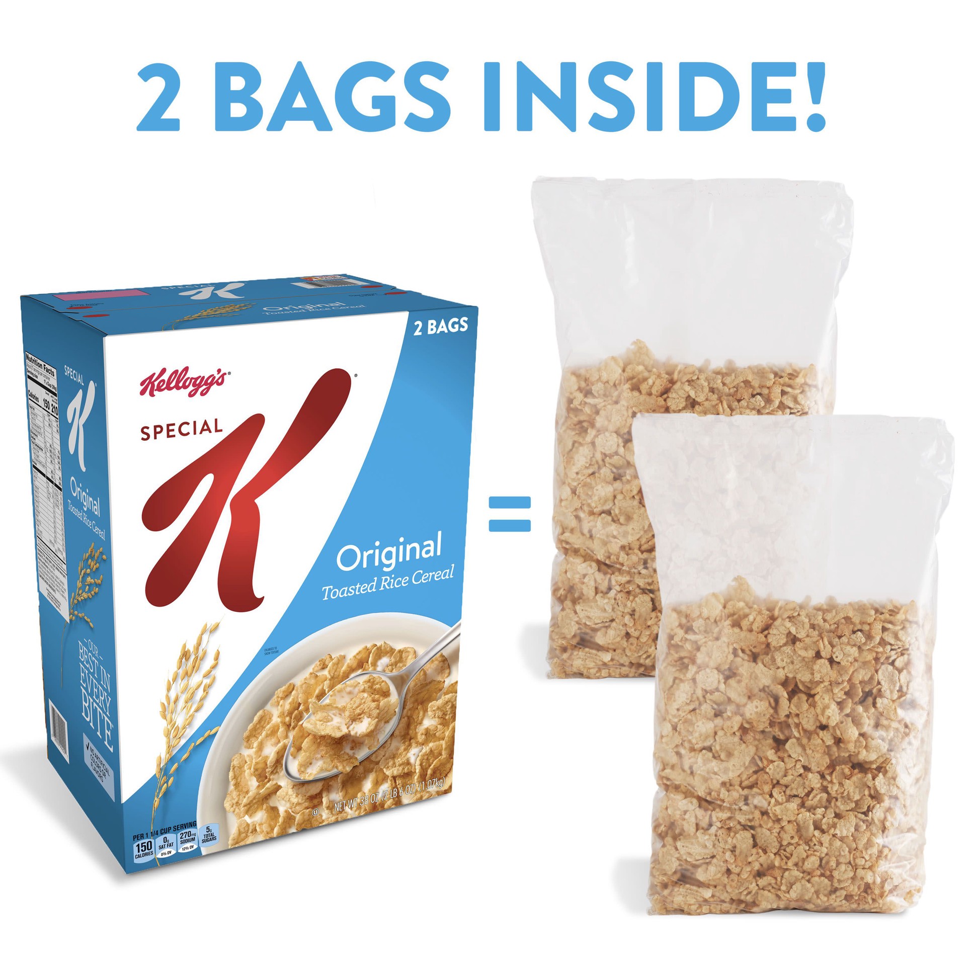 slide 5 of 5, Special K Kellogg's Special K Breakfast Cereal, 11 Vitamins and Minerals, Made with Folic Acid, B Vitamins and Iron, Original, 38oz Box, 2 Bags, 38 oz
