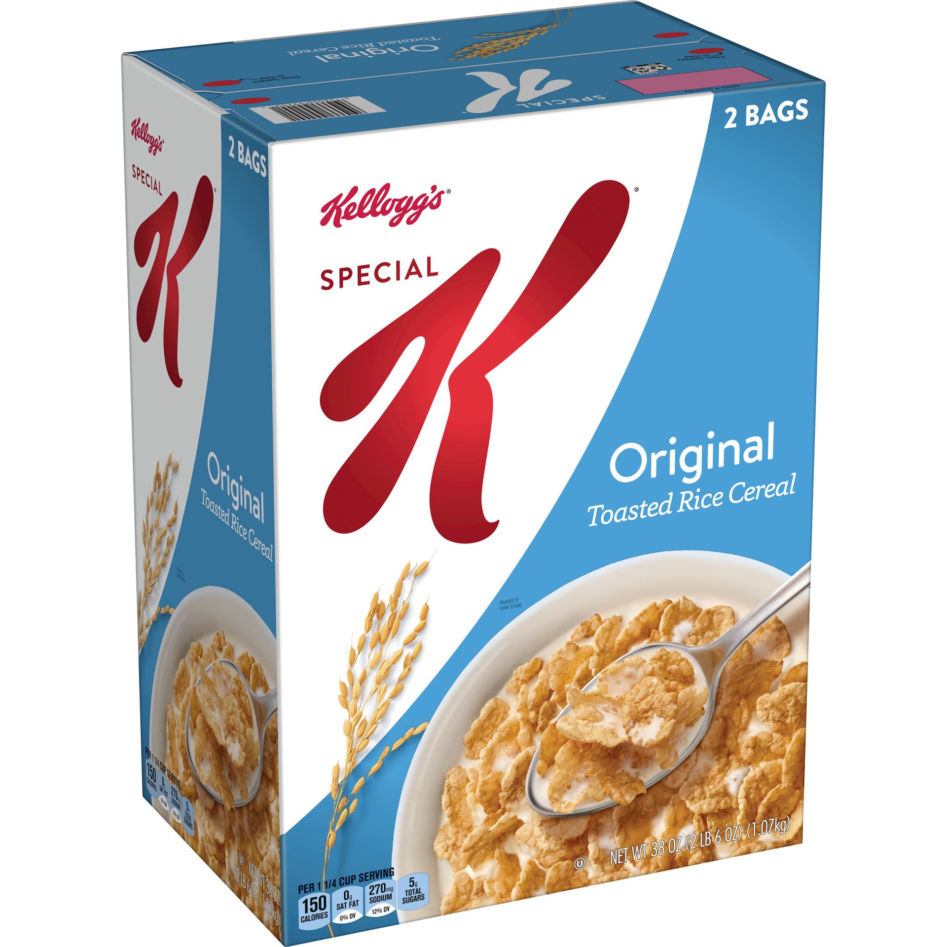 slide 1 of 5, Special K Kellogg's Special K Breakfast Cereal, 11 Vitamins and Minerals, Made with Folic Acid, B Vitamins and Iron, Original, 38oz Box, 2 Bags, 38 oz
