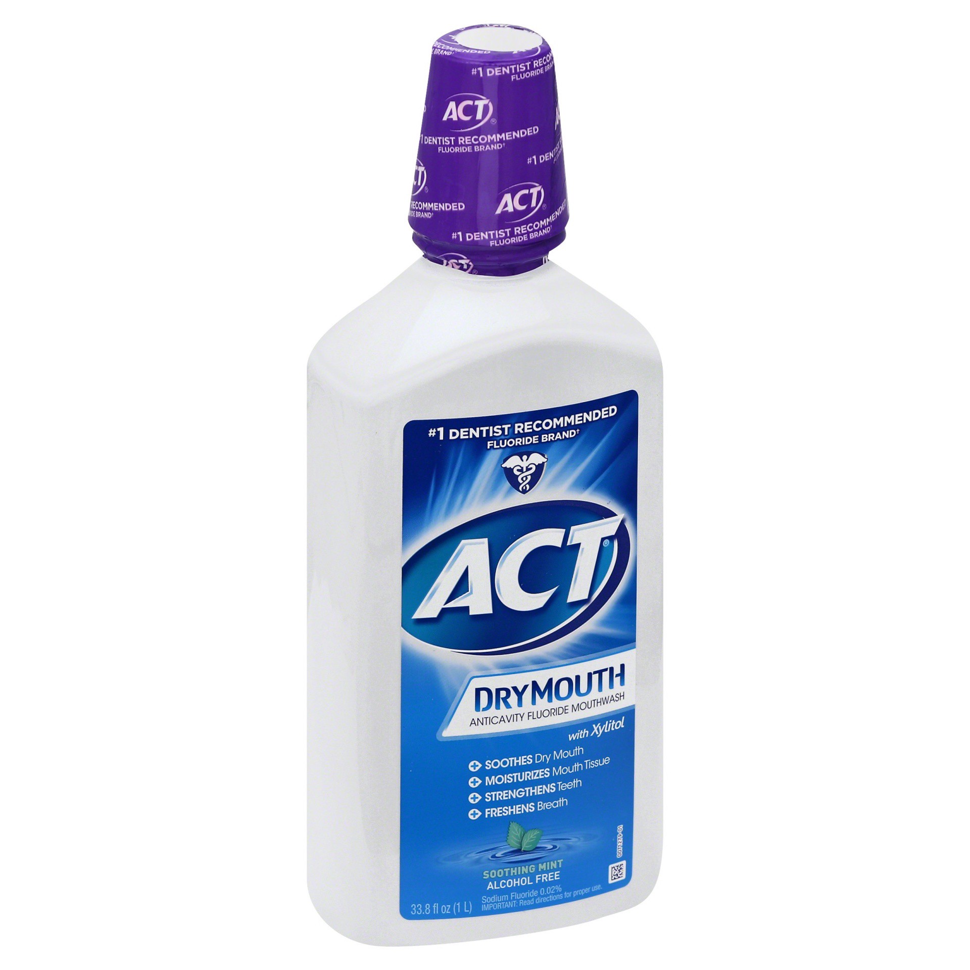 slide 1 of 3, ACT Soothing Mint Dry Mouth Anticavity Fluoride Mouthwash, 33.8 fl oz