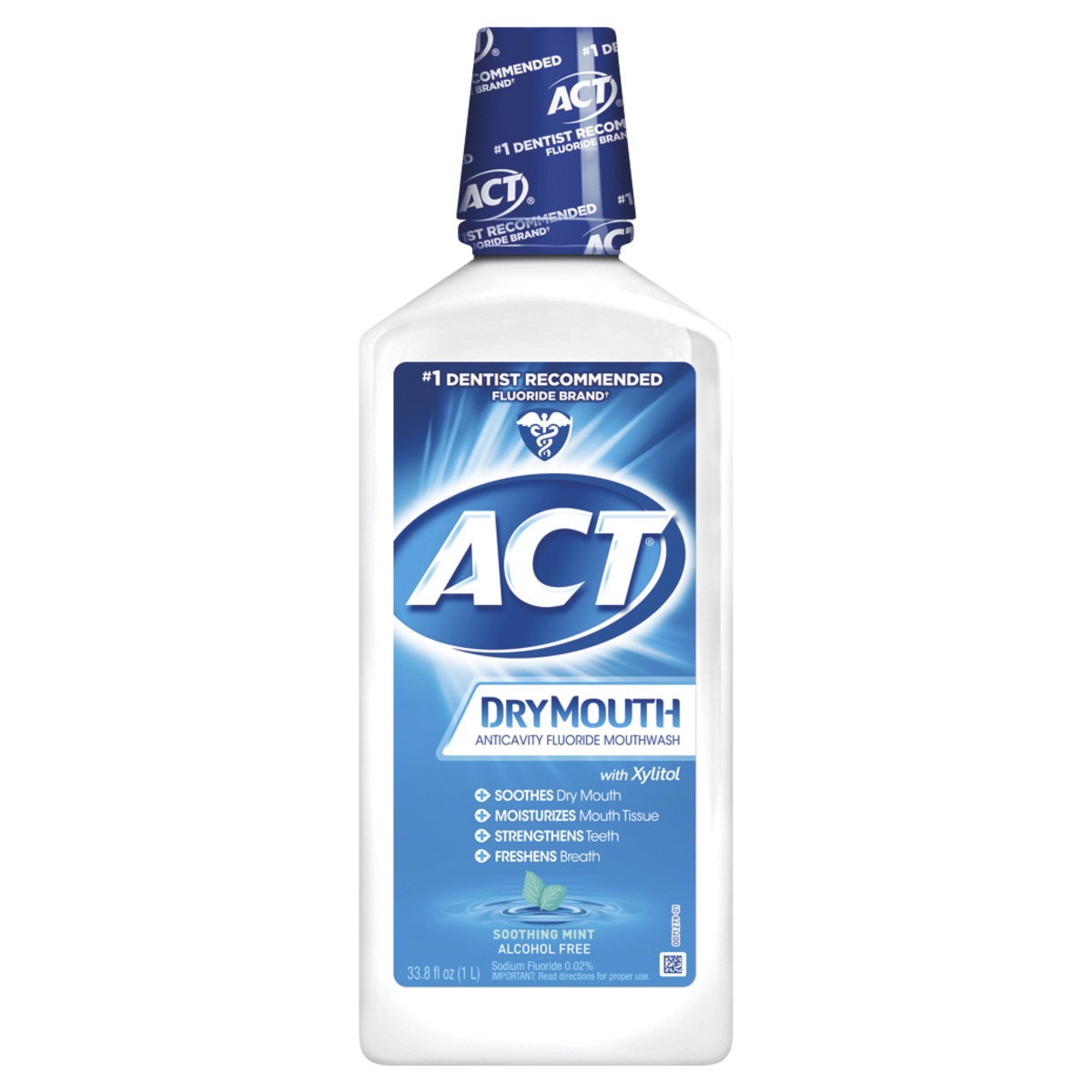 slide 1 of 4, ACT Soothing Mint Dry Mouth Anticavity Fluoride Mouthwash, 33.8 fl oz