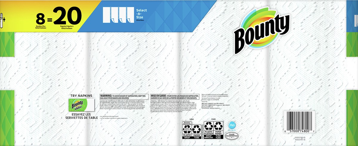 slide 5 of 5, Bounty 2-Ply Doubles Plus Rolls White Select-A-Size Paper Towels 8 ea, 8 ct