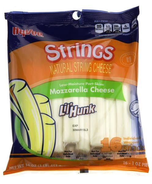 slide 1 of 1, Hy-Vee String Cheese Mozzarella, 16 ct; 16 oz