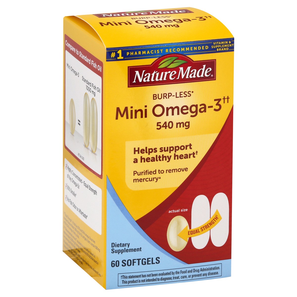 slide 2 of 9, Nature Made Fish Oil Burp-Less Mini 540 mg, 60 Softgels, Fish Oil Omega 3 Supplement For Heart Health, 60 ct