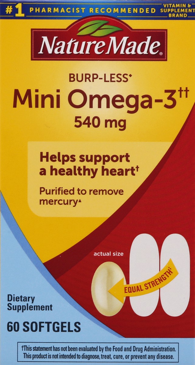 slide 3 of 9, Nature Made Fish Oil Burp-Less Mini 540 mg, 60 Softgels, Fish Oil Omega 3 Supplement For Heart Health, 60 ct