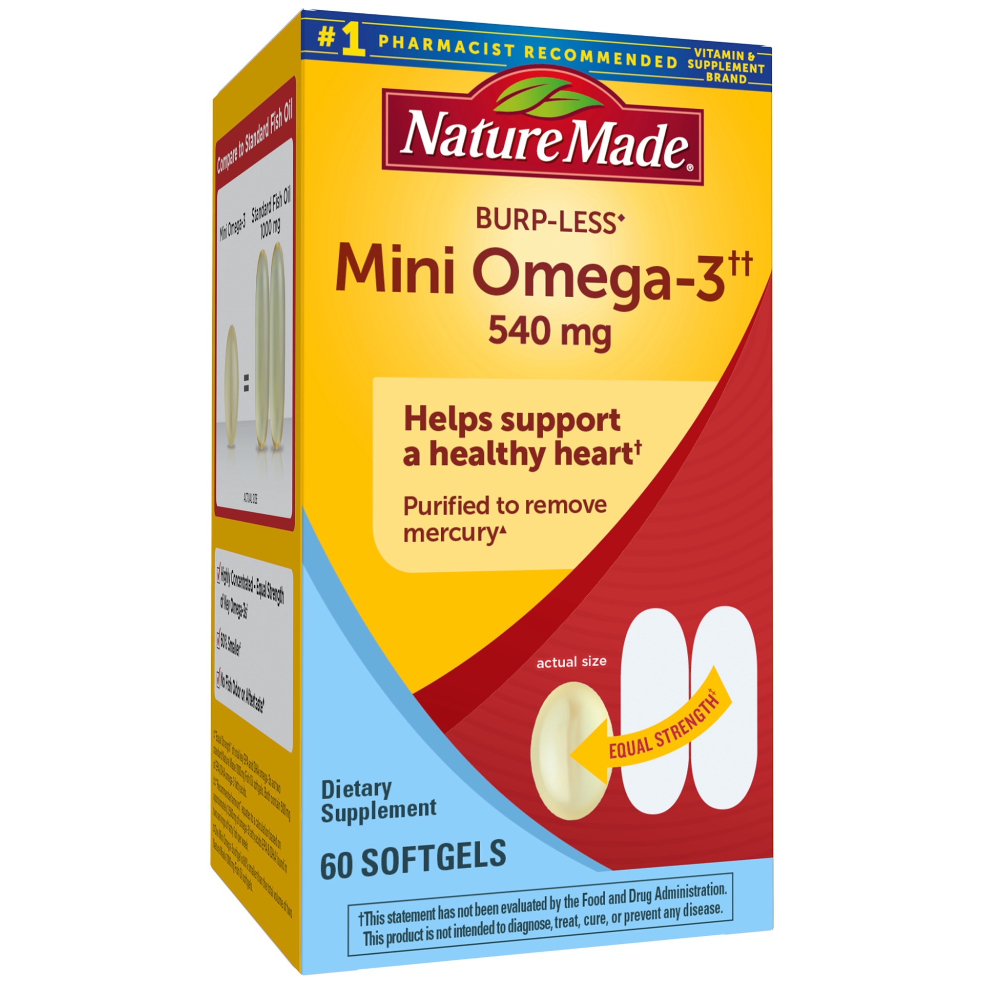 slide 1 of 9, Nature Made Fish Oil Burp-Less Mini 540 mg, 60 Softgels, Fish Oil Omega 3 Supplement For Heart Health, 60 ct
