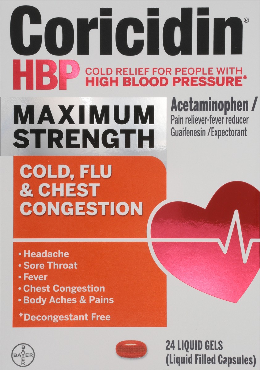 slide 3 of 12, Coricidin HBP Maximum Strength Cold, Flu & Chest Congestion 24 Liquid Gels, 24 ct