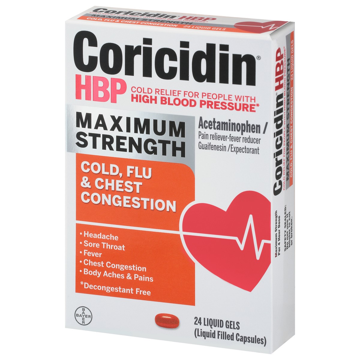 slide 12 of 12, Coricidin HBP Maximum Strength Cold, Flu & Chest Congestion 24 Liquid Gels, 24 ct