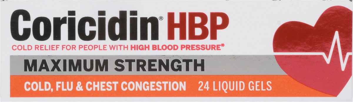 slide 9 of 12, Coricidin HBP Maximum Strength Cold, Flu & Chest Congestion 24 Liquid Gels, 24 ct