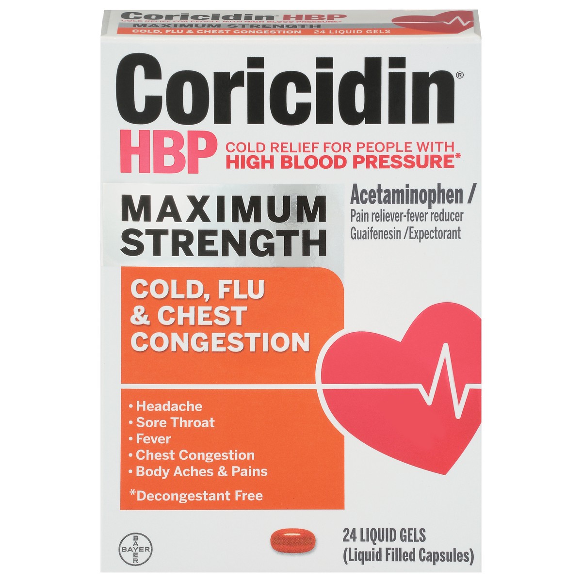 slide 1 of 12, Coricidin HBP Maximum Strength Cold, Flu & Chest Congestion 24 Liquid Gels, 24 ct