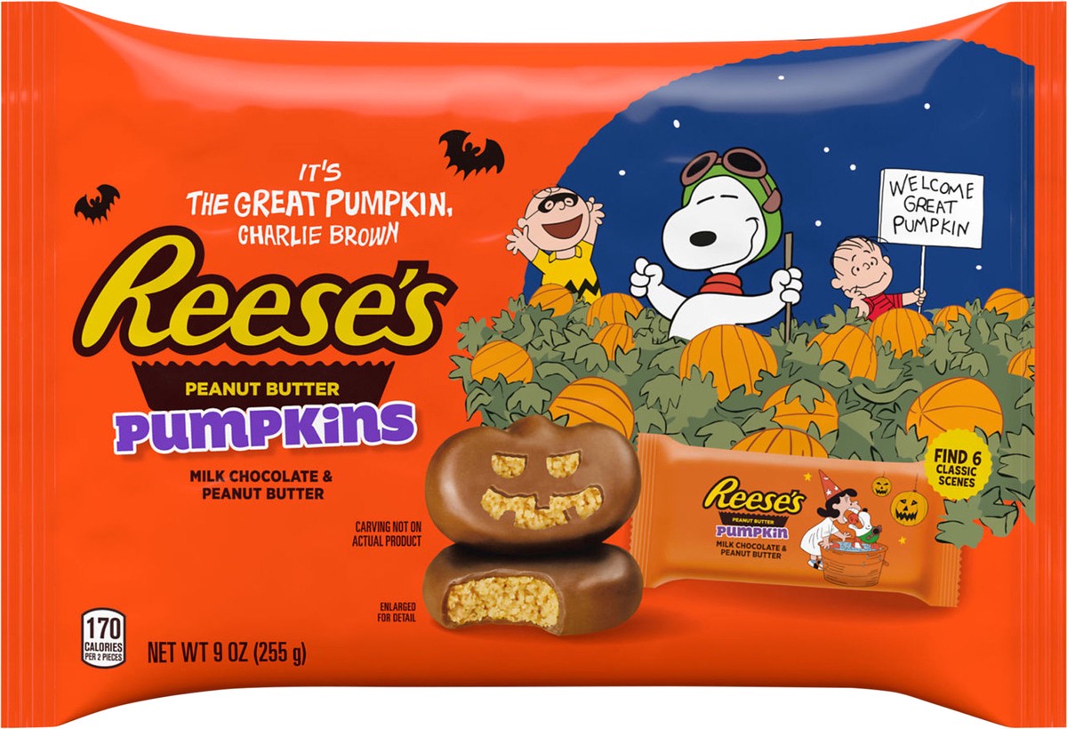 slide 2 of 9, REESE'S Snoopy™ & Friends Milk Chocolate Snack Size Peanut Butter Pumpkins, Halloween Candy Bag, 9 oz, 9 oz