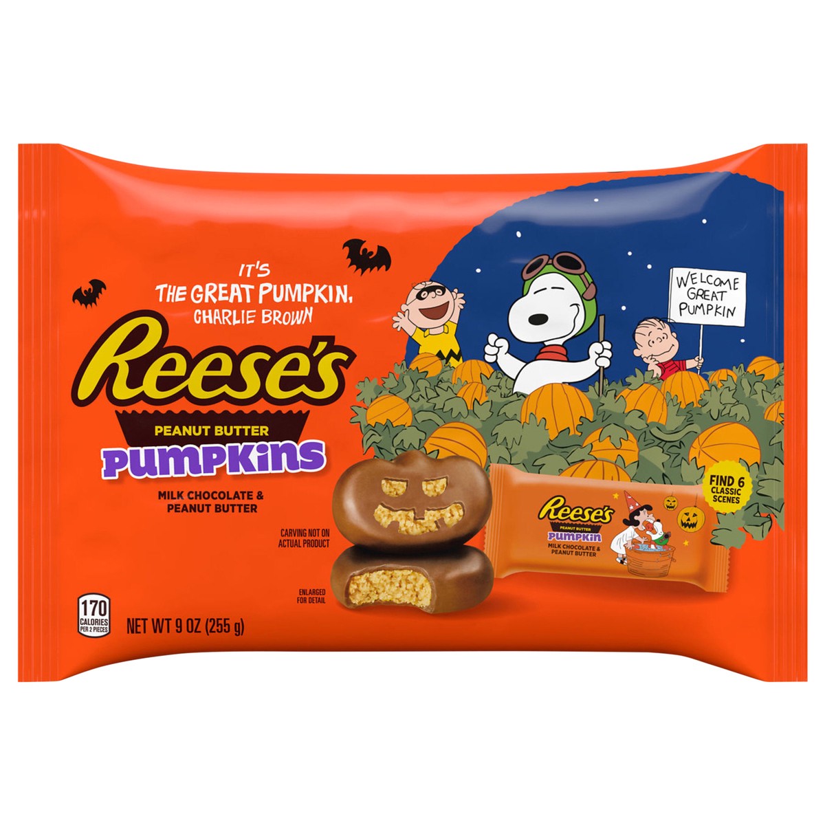 slide 3 of 9, REESE'S Snoopy™ & Friends Milk Chocolate Snack Size Peanut Butter Pumpkins, Halloween Candy Bag, 9 oz, 9 oz