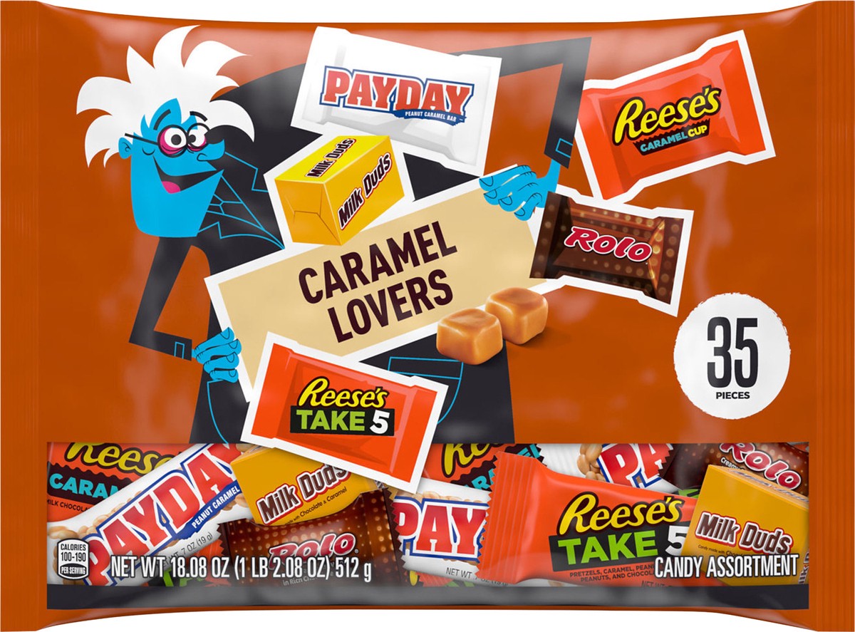 slide 3 of 8, Hershey's Hershey Assorted Caramel Flavored, Halloween Candy Bag, 18.08 oz (35 Pieces), 35 ct