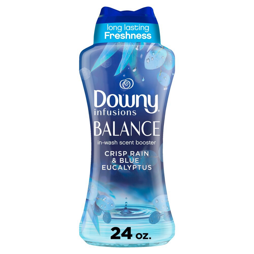 slide 1 of 5, Downy Balance In-Wash Laundry Scent Booster Beads, Crisp Rain and Blue Eucalyptus scent, 24 oz, laundry scent beads, Long-lasting Freshness, 1.5 lb