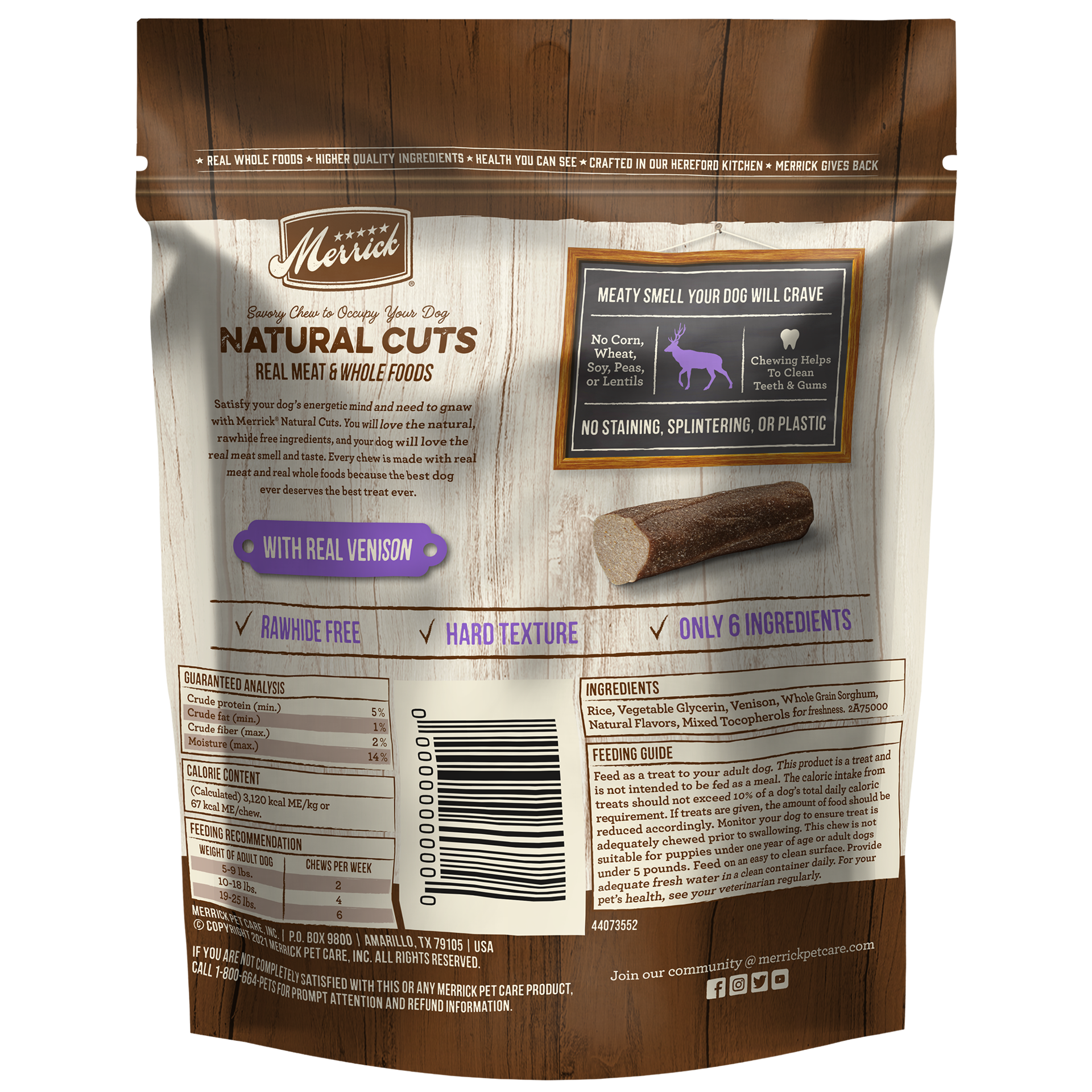 slide 3 of 4, Merrick Natural Cuts Rawhide Free Dog Treats, Hard Texture Dog Chew with Real Venison for Small Dogs - 8.4 oz Pouch, 11 count, 1 ct