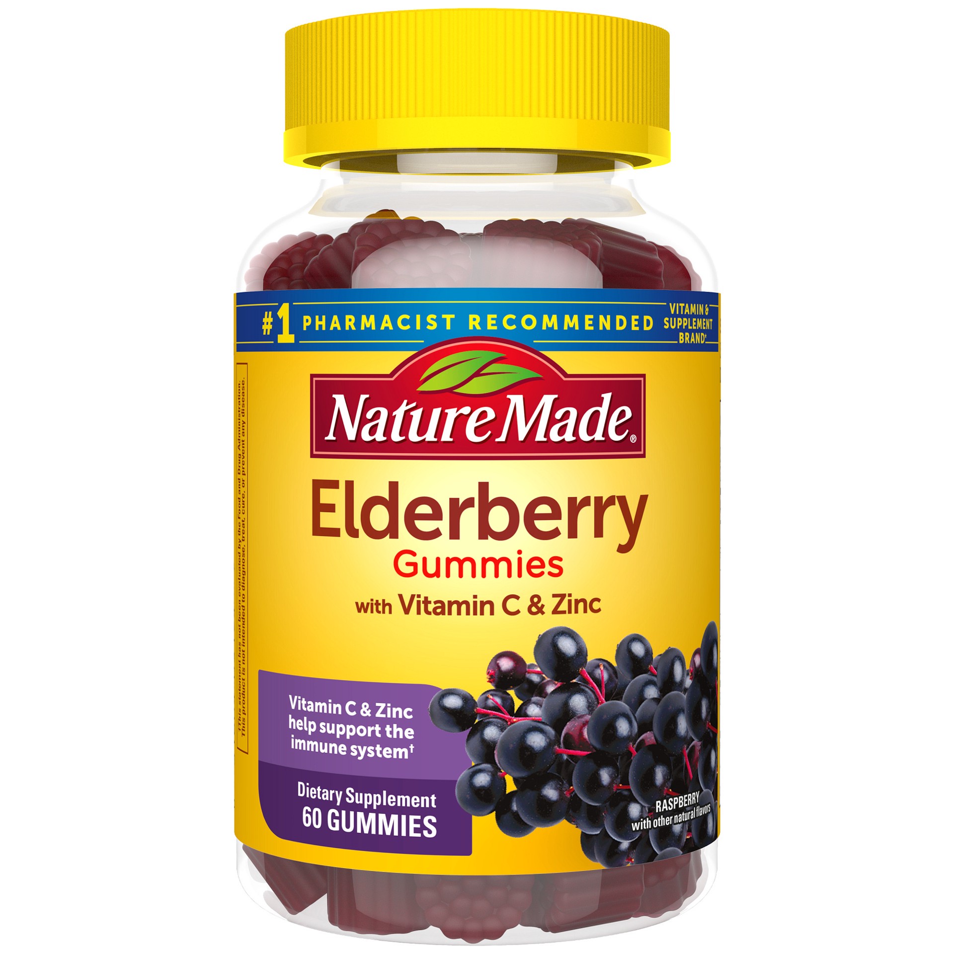 slide 1 of 1, Nature Made Elderberry with Vitamin C and Zinc, Dietary Supplement for Immune Support, 60 Elderberry Gummies, 30 Day Supply, 60 ct