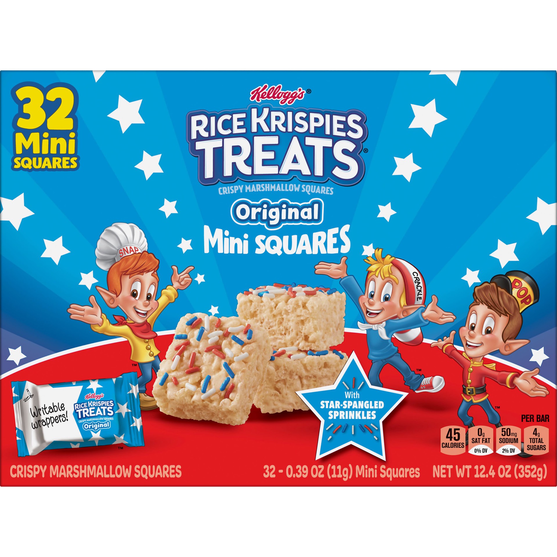 slide 5 of 5, Rice Krispies Treats Mini Crispy Marshmallow Squares, 4th of July Snacks, Original with Star-Spangled Sprinkles, 12.4oz Box, 32 Bars, 32 ct