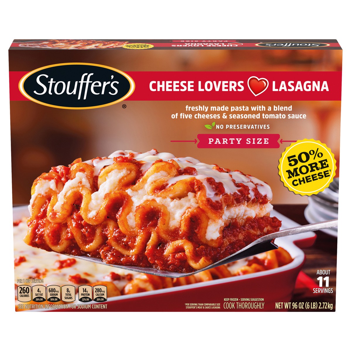 slide 1 of 6, Stouffer's Stouffer''s Five Cheese Lasagna, Party Size, Frozen Lasagna, 96 oz, 96 oz