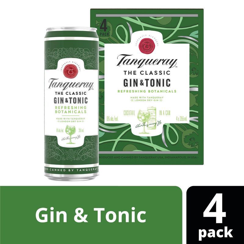 slide 1 of 9, Tanqueray London Dry Gin & Tonic, 4-PACK (4 X 12 fl oz), 4 ct; 355 ml