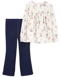 Carter's Baby 2-Piece Floral Long-Sleeve Floral Top & Pull-On Flare Pant Set Ivory/Navy NB