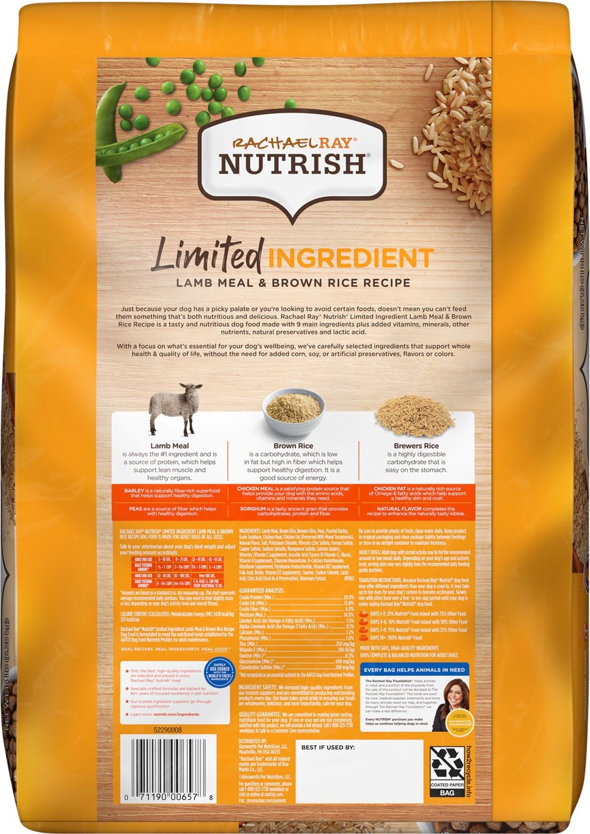 slide 5 of 8, Rachael Ray Nutrish Limited Ingredient Dog Food, Lamb Meal & Brown Rice Recipe, 14 lb. Bag, 14 lb
