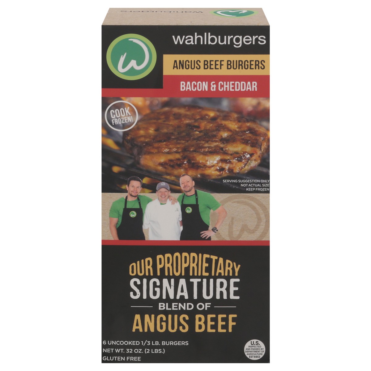 slide 1 of 16, Wahlburgers Bacon & Cheddar Angus Beef Burgers 6 - 0.33 lb Burgers, 6 ct; 2 lb
