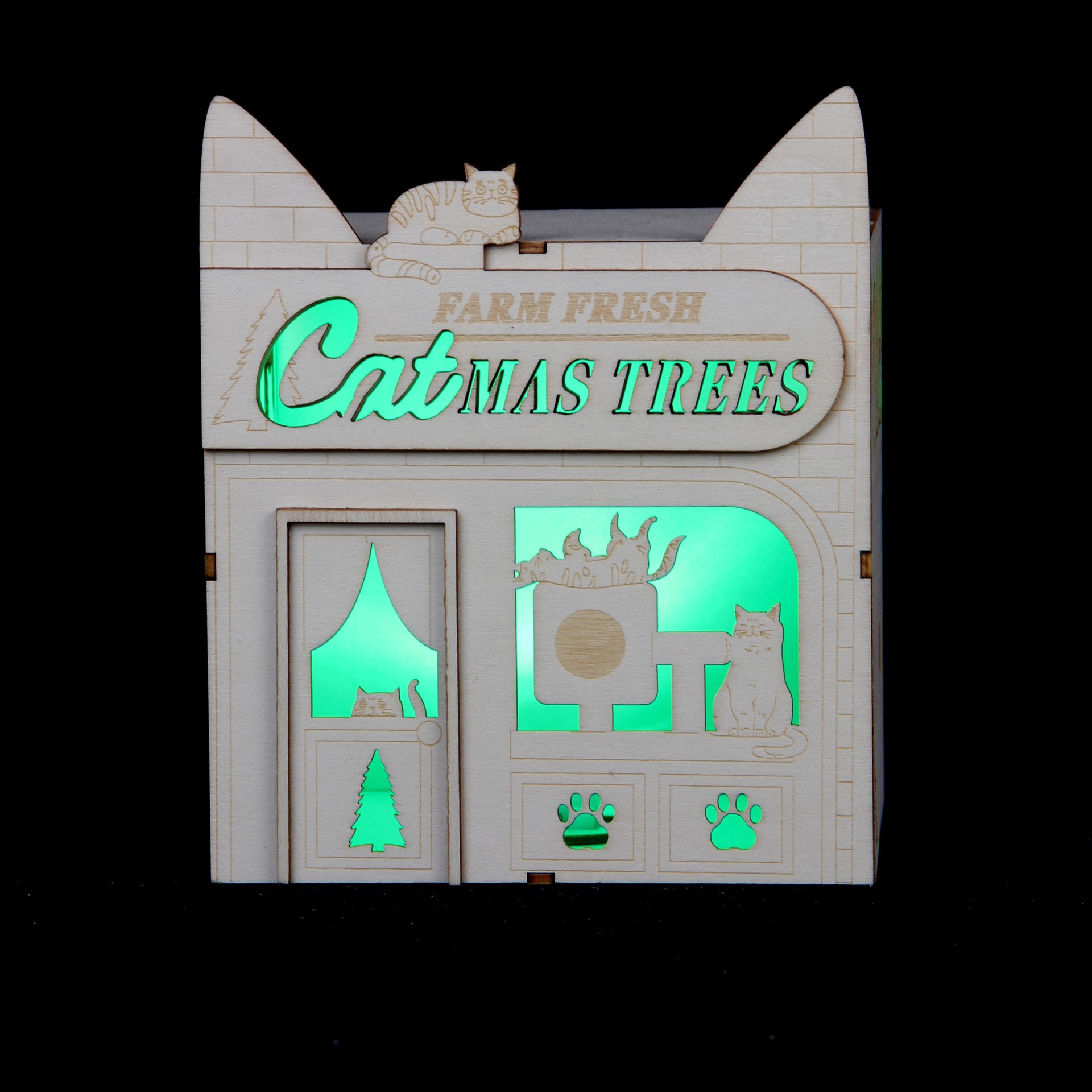 slide 3 of 5, 7" Diy Villages Cat-Mas Led Wood Decor By Make Market, 7 in
