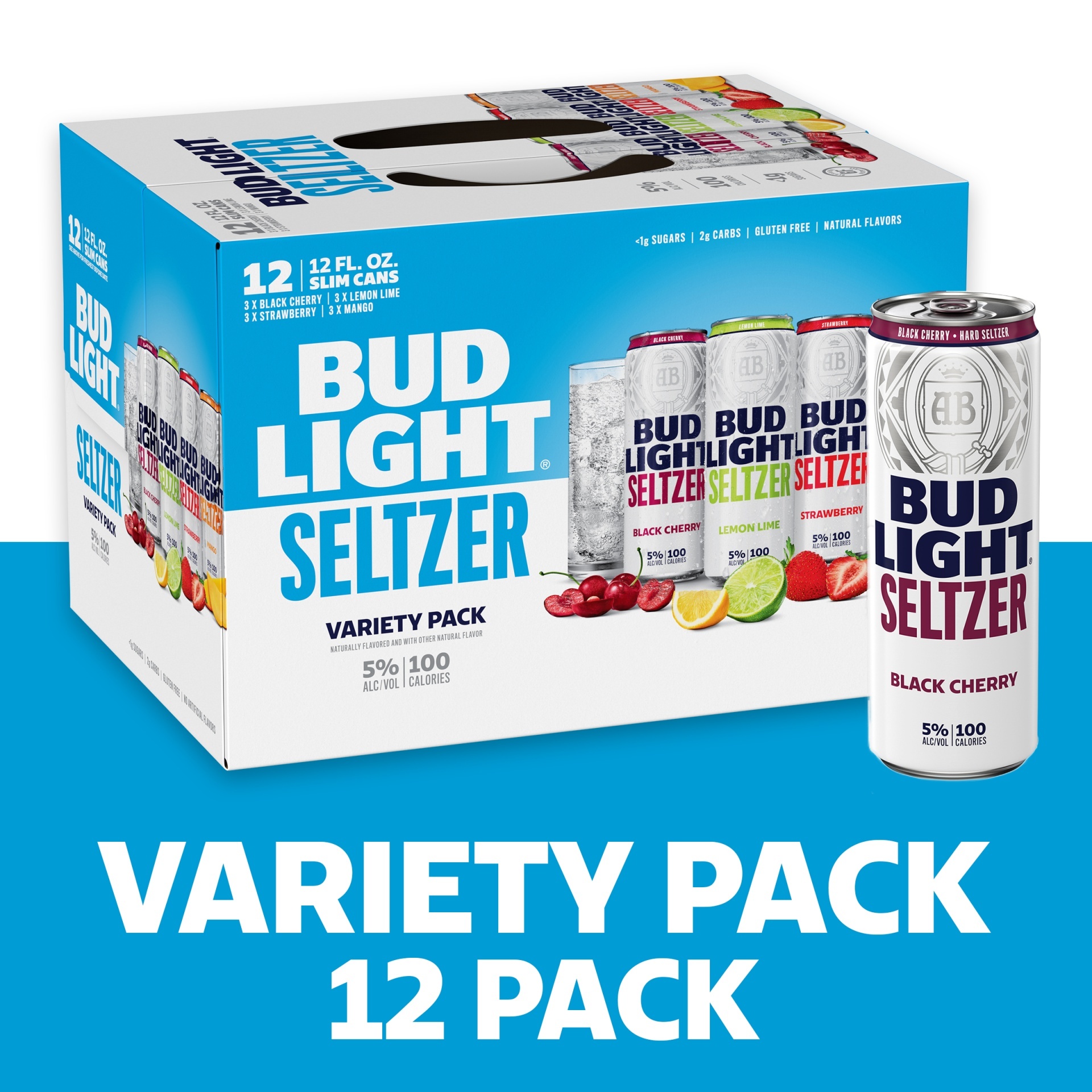 slide 2 of 7, Bud Light Seltzer Variety Pack, Hard Seltzer, Gluten Free Slim, 12 ct; 12 fl oz