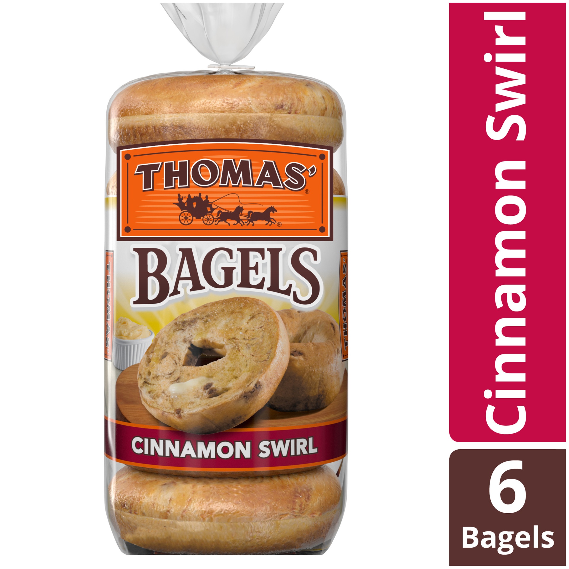 slide 1 of 7, Thomas' Cinnamon Swirl Soft & Chewy Pre-Sliced Bagels, 6 ct