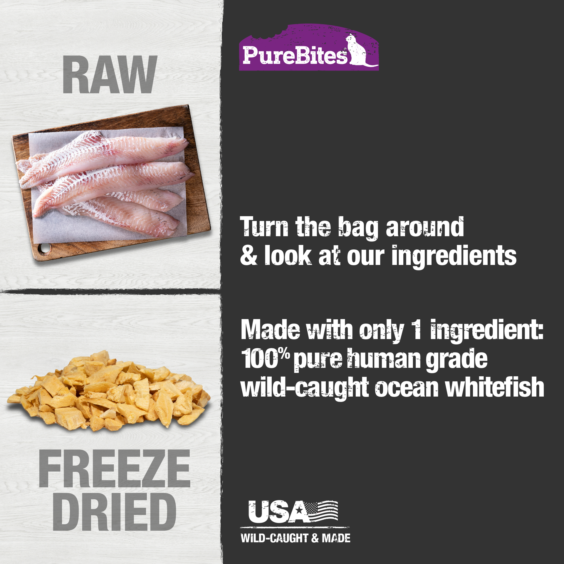 slide 4 of 5, PureBites Freeze Dried Ocean Whitefish Cat Treats 20g | 1 Ingredient | Made in USA, 20 g