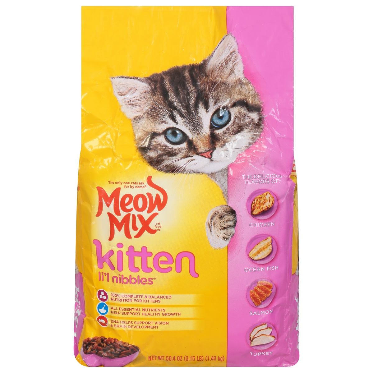slide 1 of 10, Meow Mix Kitten Lil Nibbles Kitten Food, 50.4 oz
