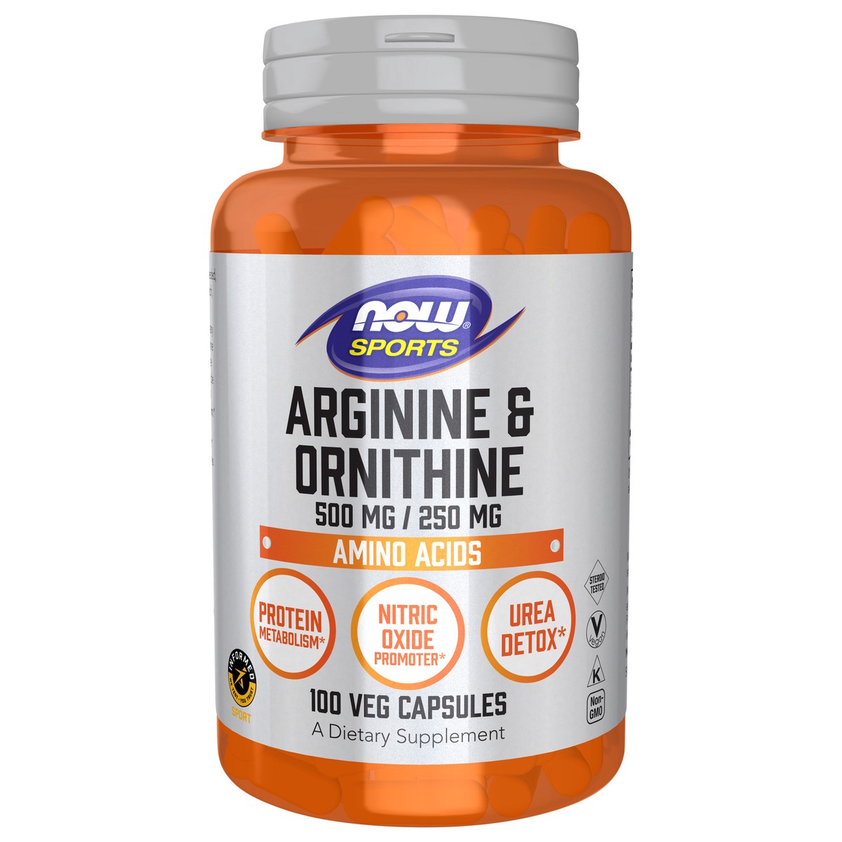 slide 1 of 5, NOW Arginine & Ornithine 500 mg / 250 mg - 100 Veg Capsules, 100 ct