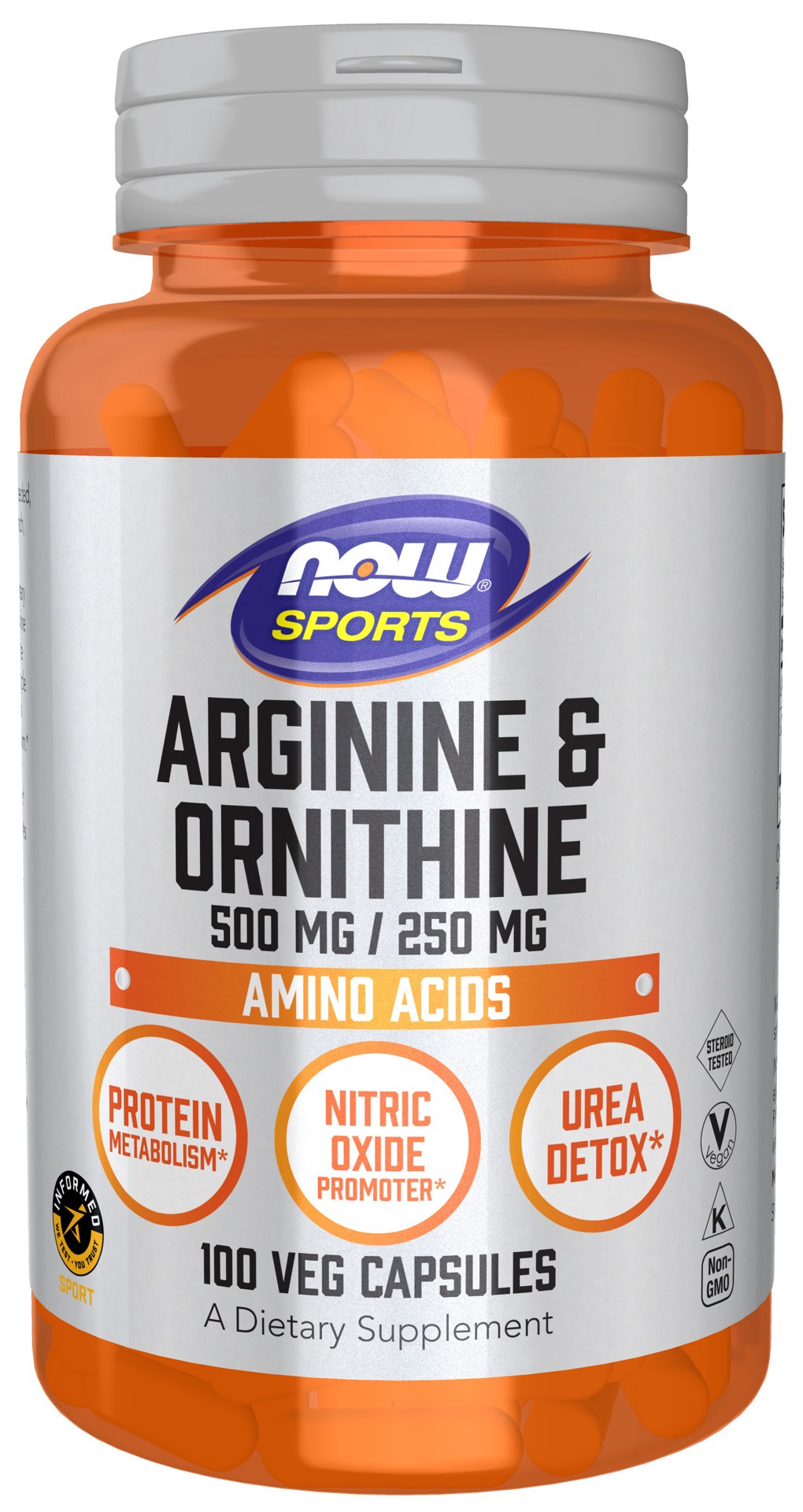 slide 1 of 5, NOW Sports Arginine & Ornithine 500 mg / 250 mg - 100 Veg Capsules, 100 ct