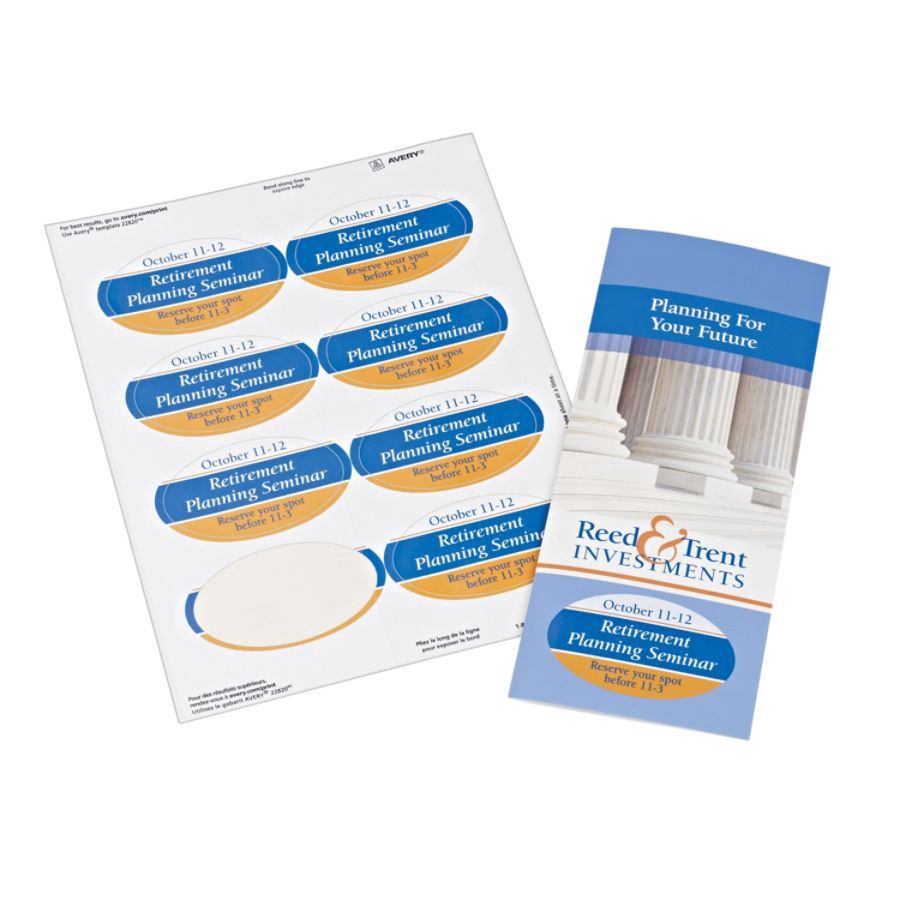 slide 9 of 10, Avery Easy Peel Print-To-The-Edge Permanent Inkjet/Laser Oval Labels, 22820, Glossy White, 80 ct; 2 in x 3 1/3 in