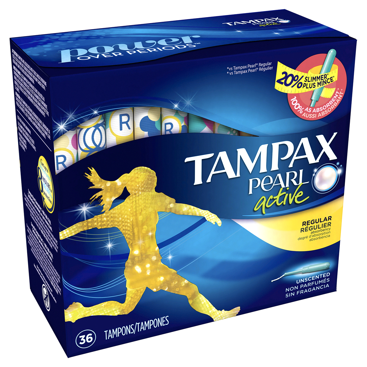 slide 2 of 9, Tampax Pearl Active Unscented Regular Absorbency Tampons, 36 ct