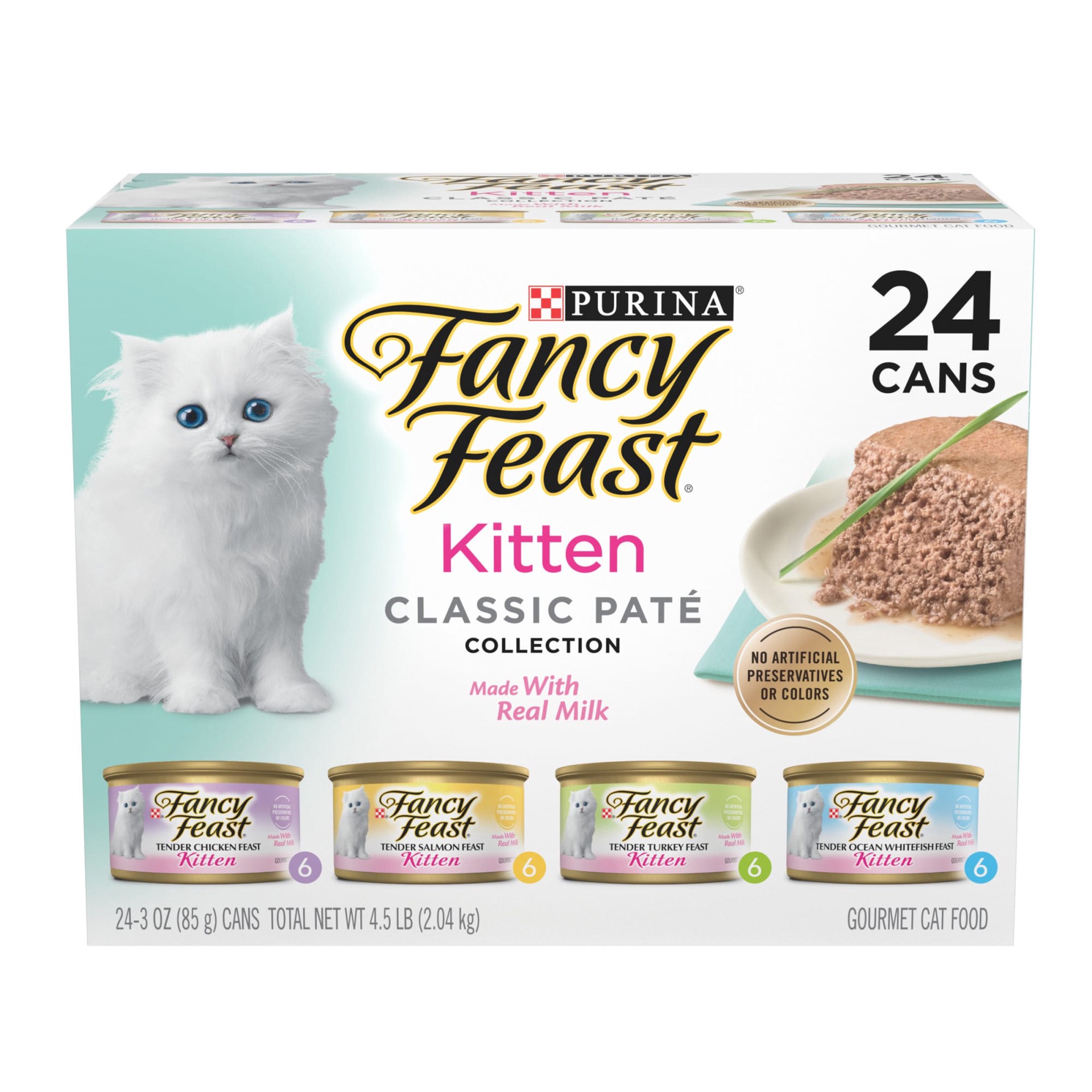 slide 1 of 1, Purina Fancy Feast Grain Free Pate Wet Kitten Food Variety Pack; Kitten Classic Pate Collection, 4 flavors - (24) 3 oz. Boxes, 24 ct; 3 oz