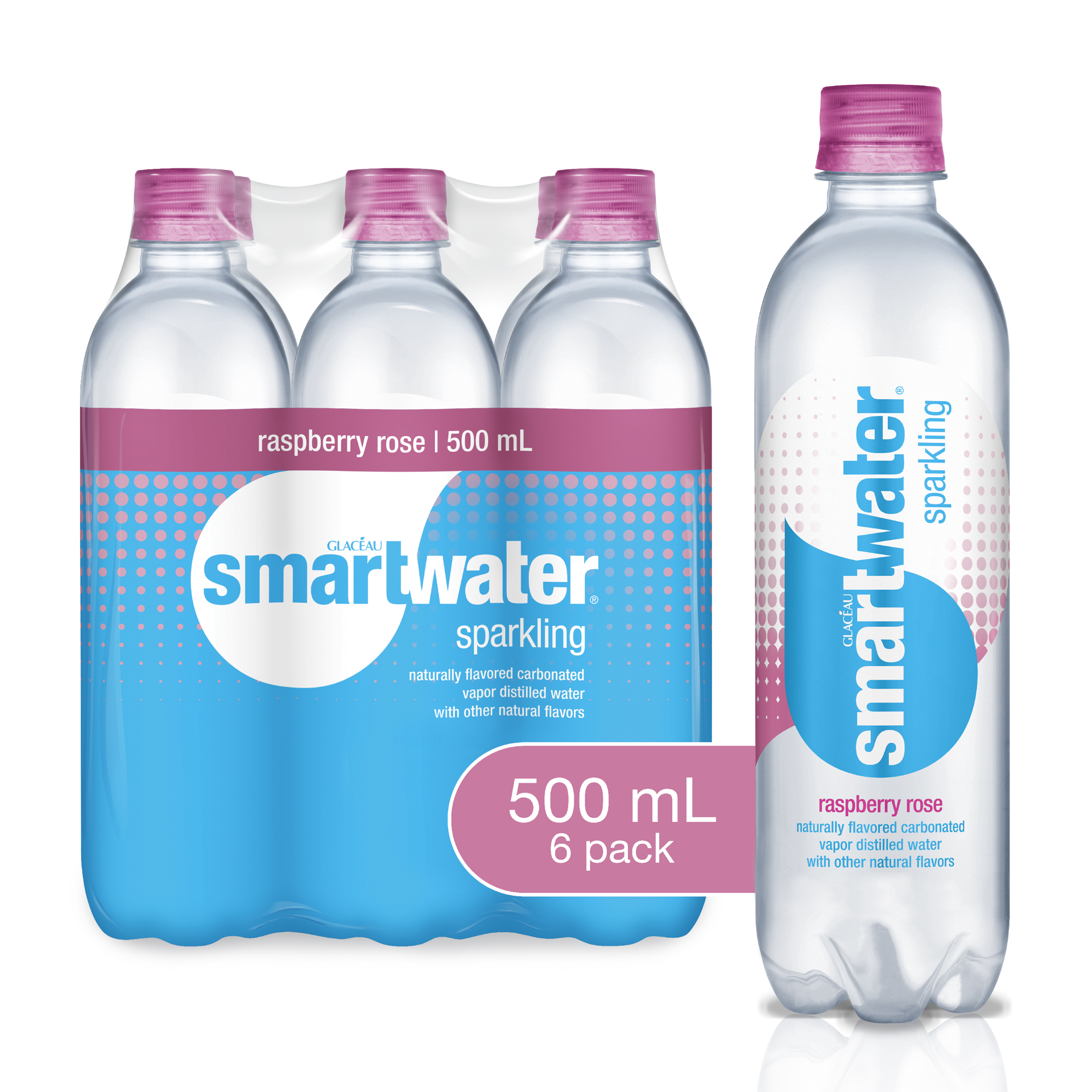 slide 1 of 4, smartwater sparkling raspberry rose Bottles, 16.9 fl oz, 6 Pack, 6 ct; 1/2 liter