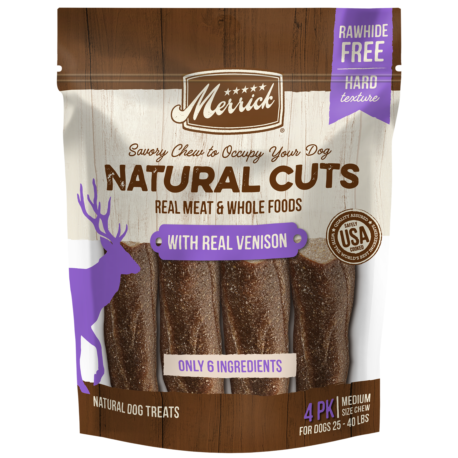 slide 1 of 4, Merrick Natural Cuts Rawhide Free Dog Treats, Hard Texture Dog Chew with Real Venison for Medium Dogs - 10 oz Pouch, 4 count, 1 ct