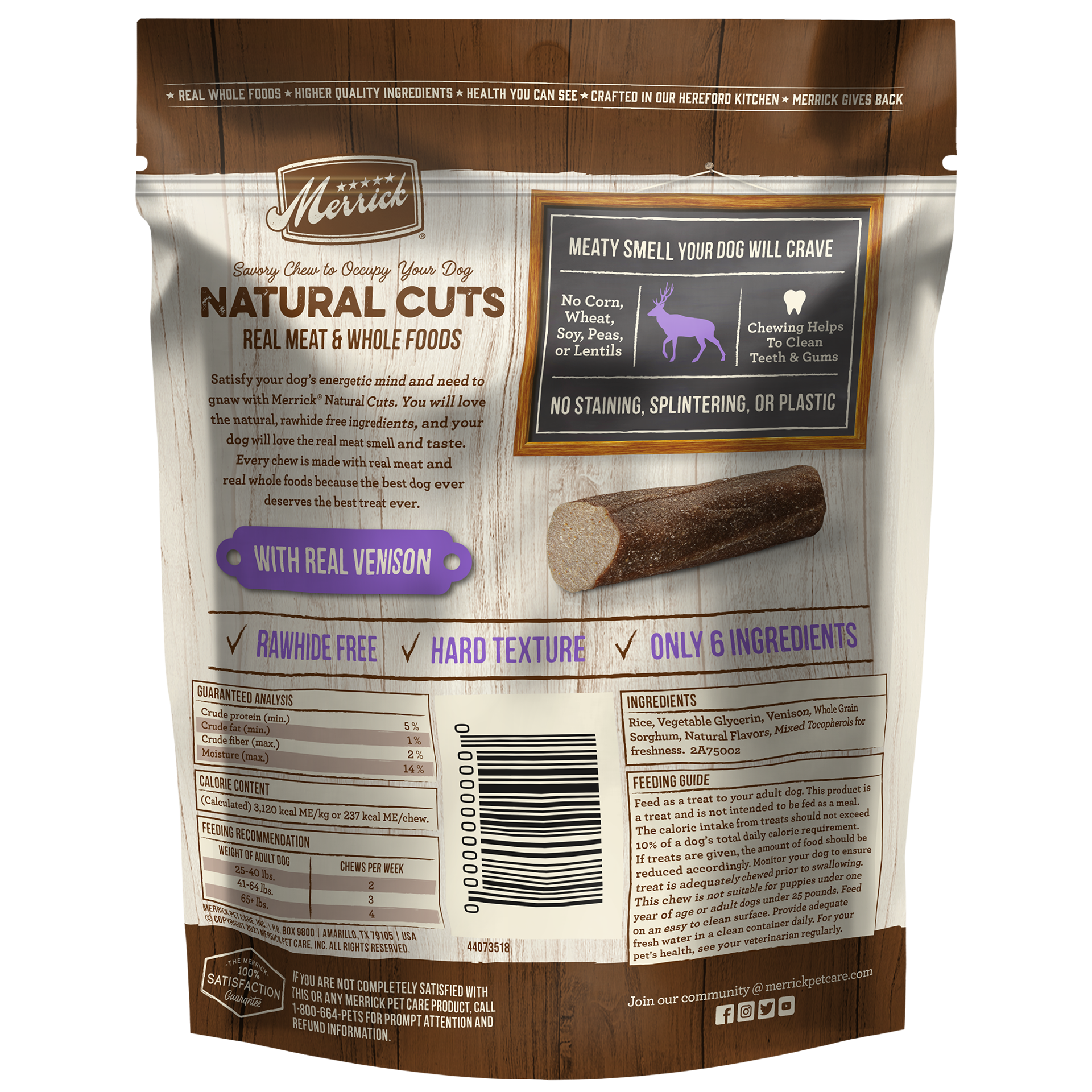 slide 2 of 4, Merrick Natural Cuts Rawhide Free Dog Treats, Hard Texture Dog Chew with Real Venison for Medium Dogs - 10 oz Pouch, 4 count, 1 ct