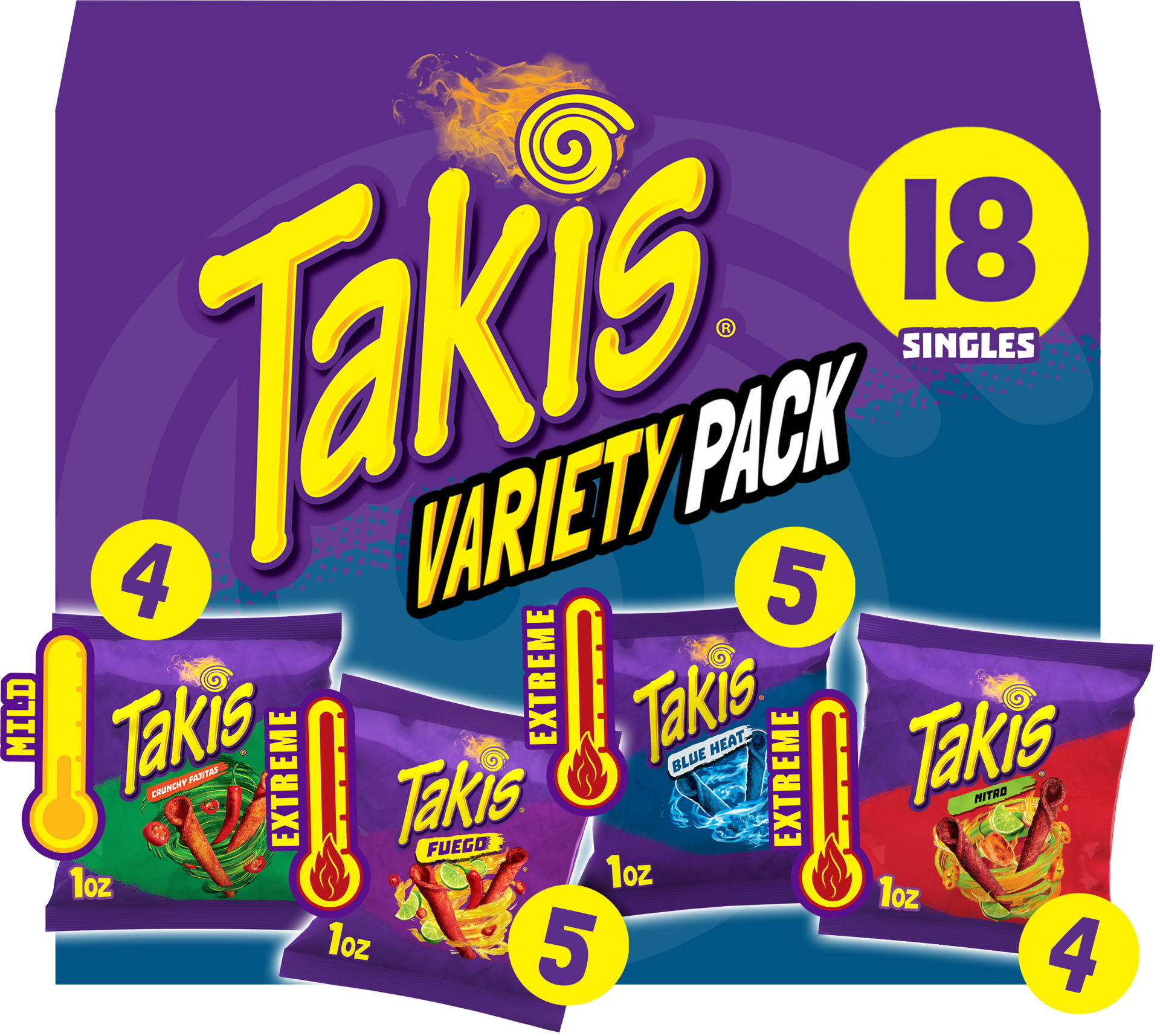 slide 1 of 7, Takis 18 pc / 1 oz Variety Pack, Assorted Flavored Mixed Rolled Tortilla Chips – (5) Fuego 1 oz, (5) Blue Heat 1 oz, (4) Nitro 1 oz, (4) Crunchy Fajitas 1 oz, 18 oz