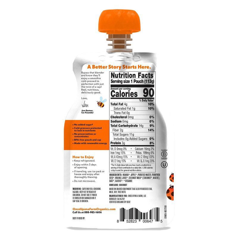 slide 2 of 3, Once Upon a Farm Organic Mango Coconut Dairy-Free Kids Smoothie Pouch, 4oz, 4 oz