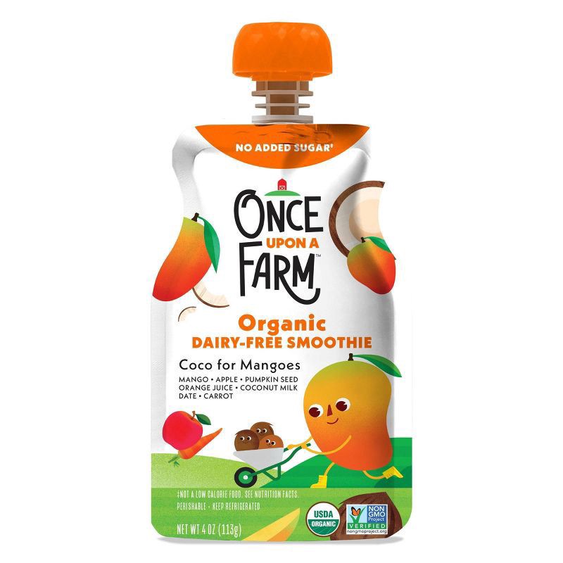 slide 1 of 3, Once Upon a Farm Organic Mango Coconut Dairy-Free Kids Smoothie Pouch, 4oz, 4 oz