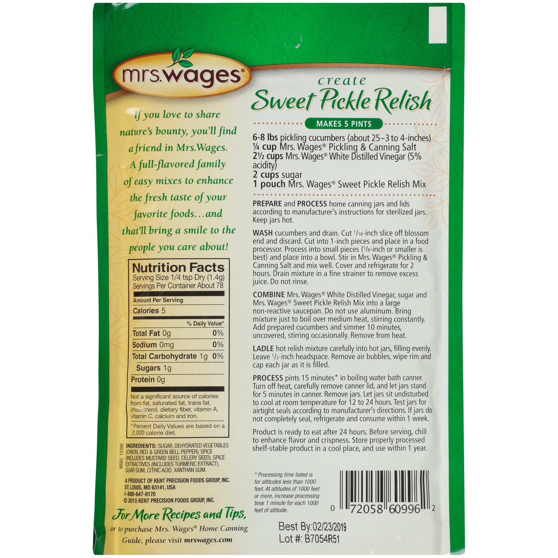 Mrs. Wages Create Sweet Pickle Relish Quick Process Pickle Mix 3.88 oz