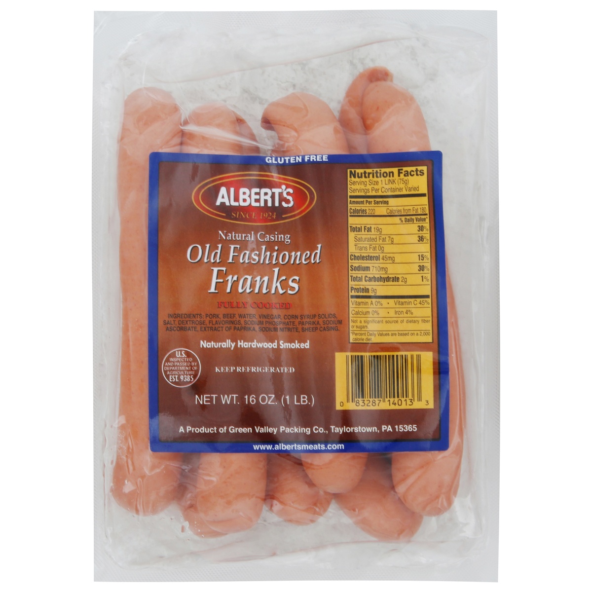 slide 1 of 1, Albert's Old Fashioned Natural Casing Hardwood Smoked Hot Dogs, 16 oz